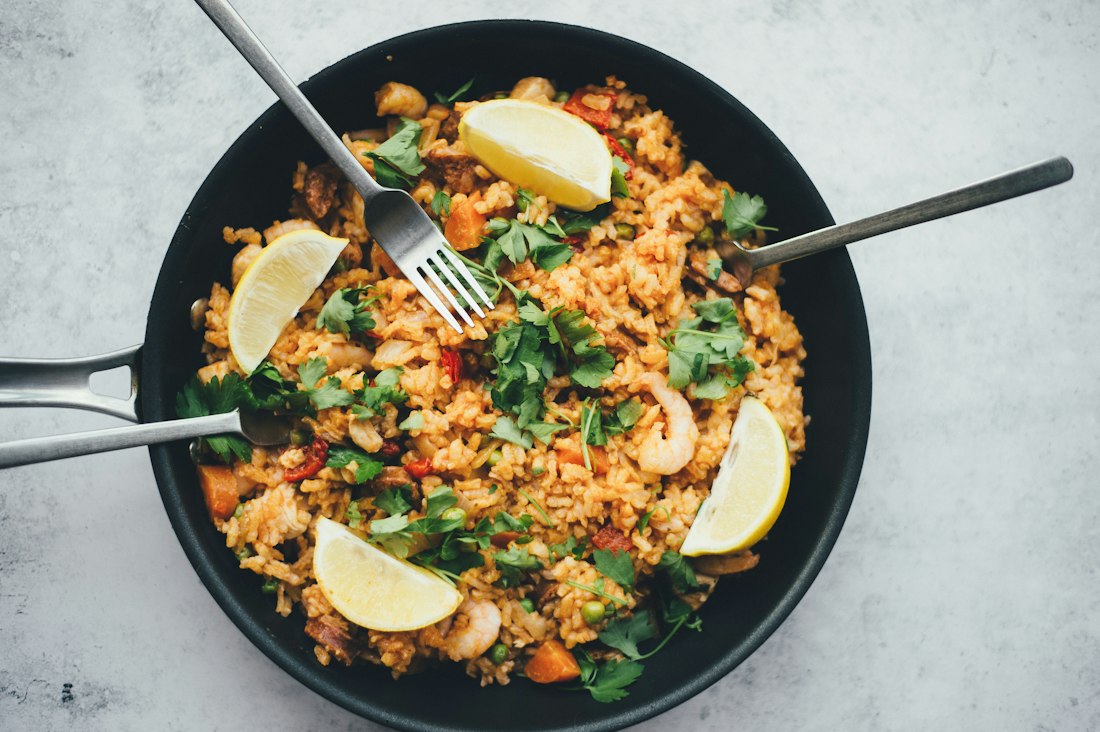 A beautifully prepared rice dish with fresh ingredients